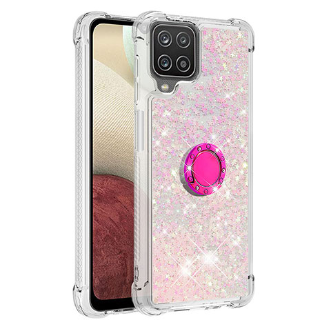 Custodia Silicone Cover Morbida Bling-Bling con Anello Supporto S01 per Samsung Galaxy A12 Rosa