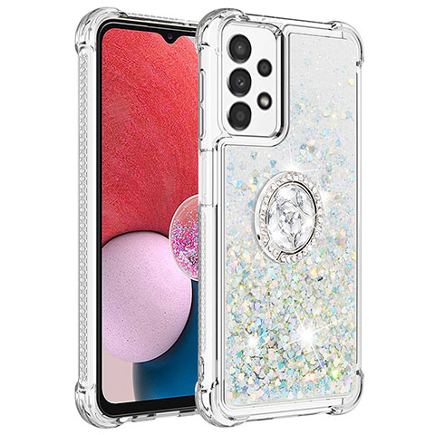 Custodia Silicone Cover Morbida Bling-Bling con Anello Supporto S01 per Samsung Galaxy A13 4G Argento