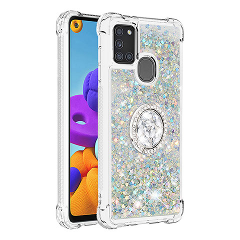 Custodia Silicone Cover Morbida Bling-Bling con Anello Supporto S01 per Samsung Galaxy A21s Argento