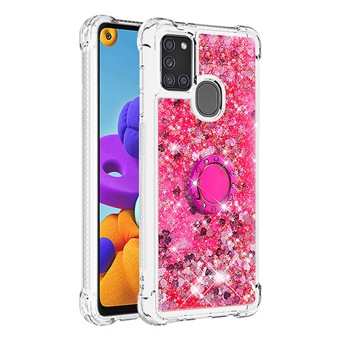 Custodia Silicone Cover Morbida Bling-Bling con Anello Supporto S01 per Samsung Galaxy A21s Rosa Caldo