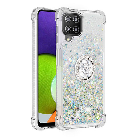 Custodia Silicone Cover Morbida Bling-Bling con Anello Supporto S01 per Samsung Galaxy A22 4G Argento