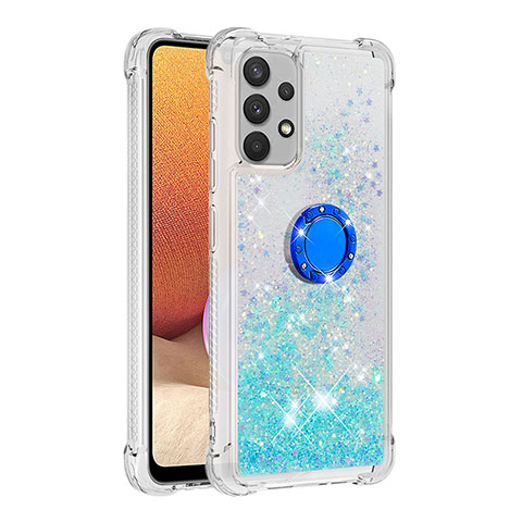 Custodia Silicone Cover Morbida Bling-Bling con Anello Supporto S01 per Samsung Galaxy A32 5G Ciano