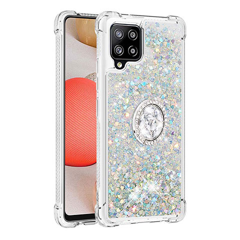 Custodia Silicone Cover Morbida Bling-Bling con Anello Supporto S01 per Samsung Galaxy A42 5G Argento