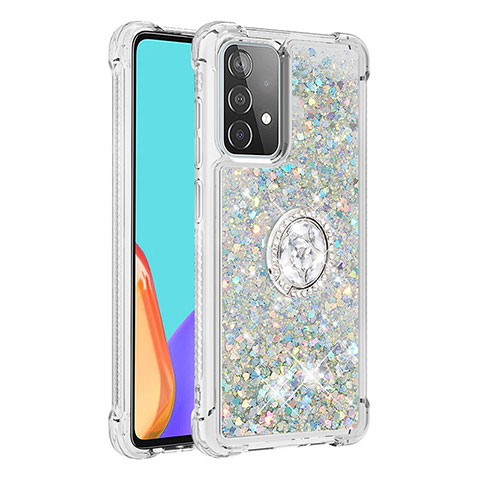 Custodia Silicone Cover Morbida Bling-Bling con Anello Supporto S01 per Samsung Galaxy A52 4G Argento