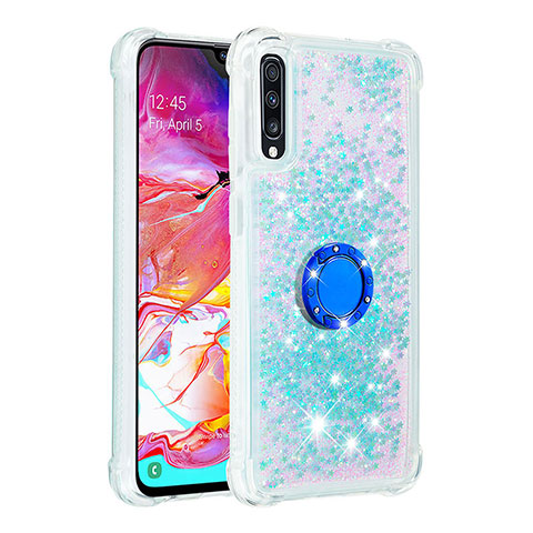 Custodia Silicone Cover Morbida Bling-Bling con Anello Supporto S01 per Samsung Galaxy A70 Cielo Blu