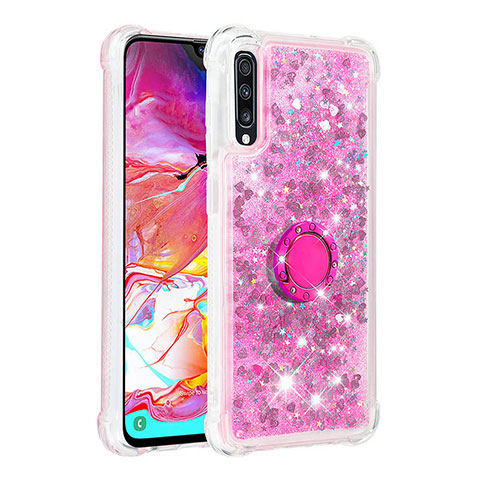 Custodia Silicone Cover Morbida Bling-Bling con Anello Supporto S01 per Samsung Galaxy A70 Rosa Caldo