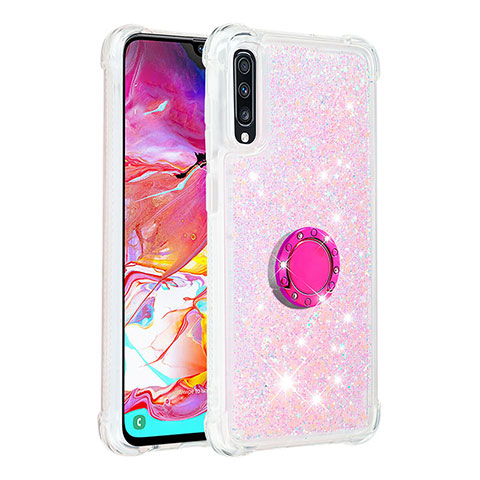 Custodia Silicone Cover Morbida Bling-Bling con Anello Supporto S01 per Samsung Galaxy A70S Rosa