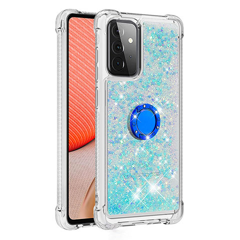 Custodia Silicone Cover Morbida Bling-Bling con Anello Supporto S01 per Samsung Galaxy A72 4G Ciano