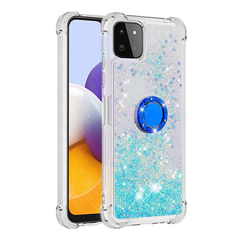 Custodia Silicone Cover Morbida Bling-Bling con Anello Supporto S01 per Samsung Galaxy F42 5G Ciano