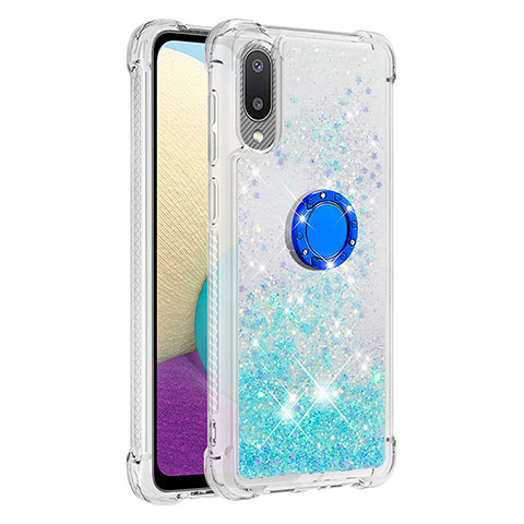 Custodia Silicone Cover Morbida Bling-Bling con Anello Supporto S01 per Samsung Galaxy M02 Ciano