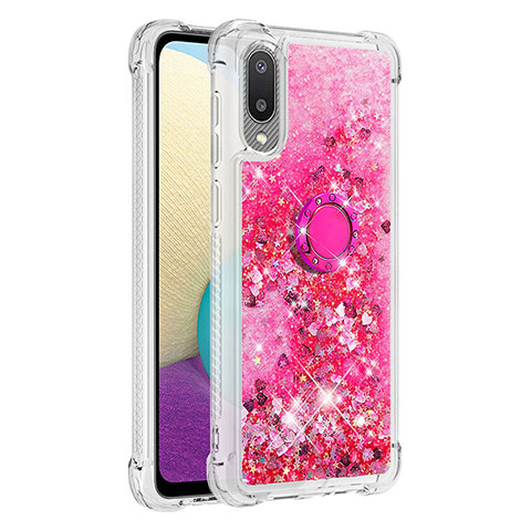 Custodia Silicone Cover Morbida Bling-Bling con Anello Supporto S01 per Samsung Galaxy M02 Rosa Caldo