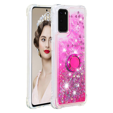 Custodia Silicone Cover Morbida Bling-Bling con Anello Supporto S01 per Samsung Galaxy S20 5G Rosa Caldo