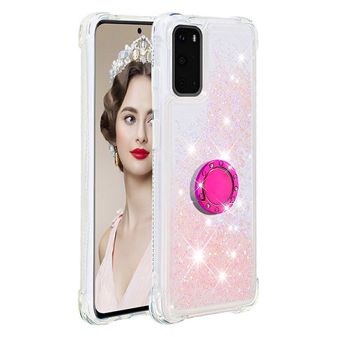 Custodia Silicone Cover Morbida Bling-Bling con Anello Supporto S01 per Samsung Galaxy S20 Rosa