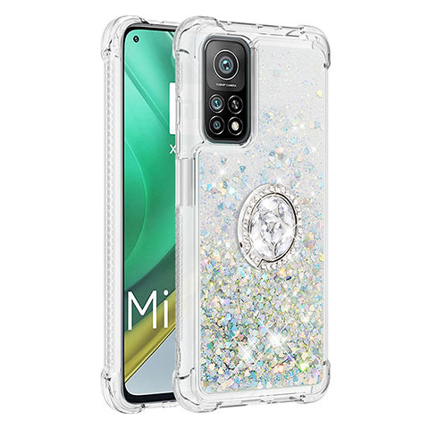 Custodia Silicone Cover Morbida Bling-Bling con Anello Supporto S01 per Xiaomi Mi 10T 5G Argento