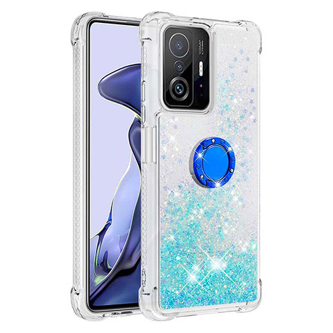 Custodia Silicone Cover Morbida Bling-Bling con Anello Supporto S01 per Xiaomi Mi 11T Pro 5G Cielo Blu