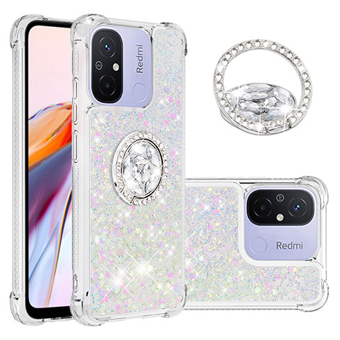 Custodia Silicone Cover Morbida Bling-Bling con Anello Supporto S01 per Xiaomi Poco C55 Argento