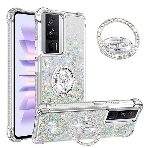 Custodia Silicone Cover Morbida Bling-Bling con Anello Supporto S01 per Xiaomi Poco F5 Pro 5G Cielo Blu