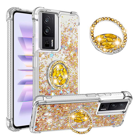 Custodia Silicone Cover Morbida Bling-Bling con Anello Supporto S01 per Xiaomi Poco F5 Pro 5G Oro