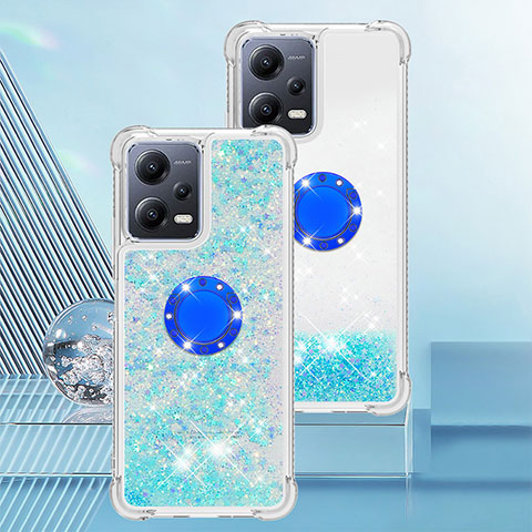 Custodia Silicone Cover Morbida Bling-Bling con Anello Supporto S01 per Xiaomi Poco X5 5G Cielo Blu