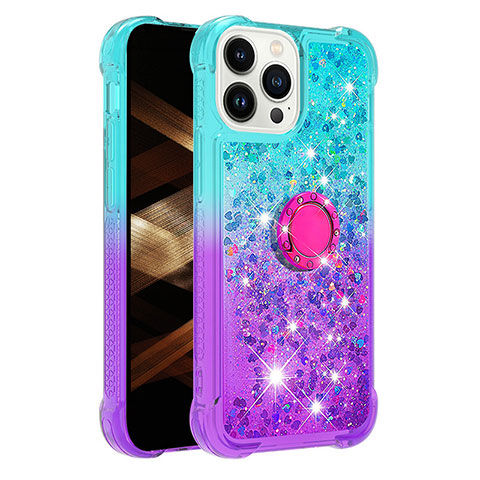 Custodia Silicone Cover Morbida Bling-Bling con Anello Supporto S02 per Apple iPhone 13 Pro Max Cielo Blu