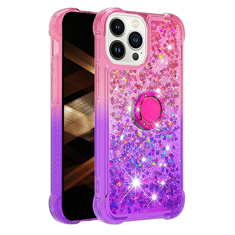 Custodia Silicone Cover Morbida Bling-Bling con Anello Supporto S02 per Apple iPhone 14 Pro Rosa Caldo