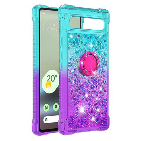 Custodia Silicone Cover Morbida Bling-Bling con Anello Supporto S02 per Google Pixel 7a 5G Cielo Blu