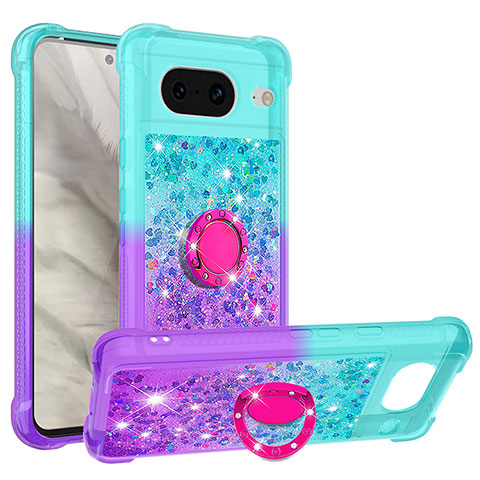 Custodia Silicone Cover Morbida Bling-Bling con Anello Supporto S02 per Google Pixel 8 5G Cielo Blu