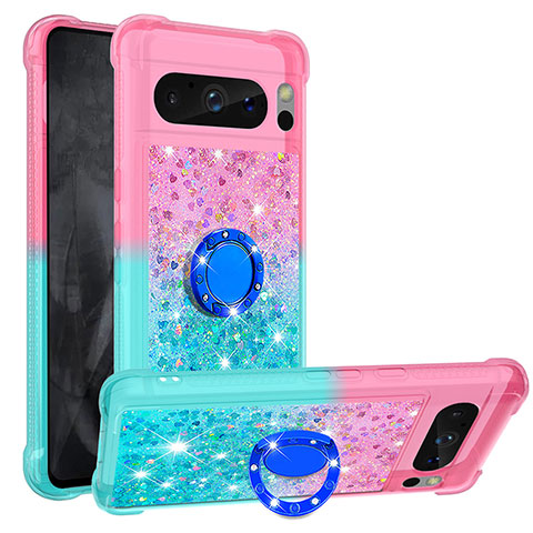 Custodia Silicone Cover Morbida Bling-Bling con Anello Supporto S02 per Google Pixel 8 Pro 5G Rosa