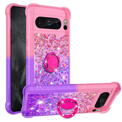 Custodia Silicone Cover Morbida Bling-Bling con Anello Supporto S02 per Google Pixel 8 Pro 5G Rosa Caldo