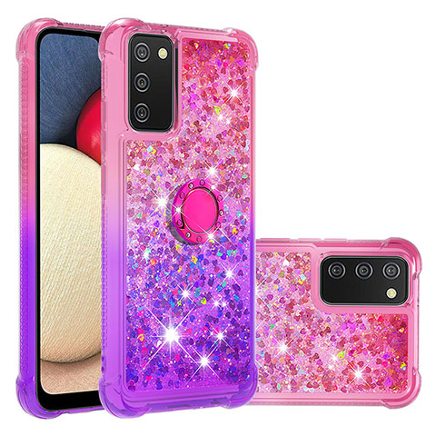 Custodia Silicone Cover Morbida Bling-Bling con Anello Supporto S02 per Samsung Galaxy A02s Rosa Caldo