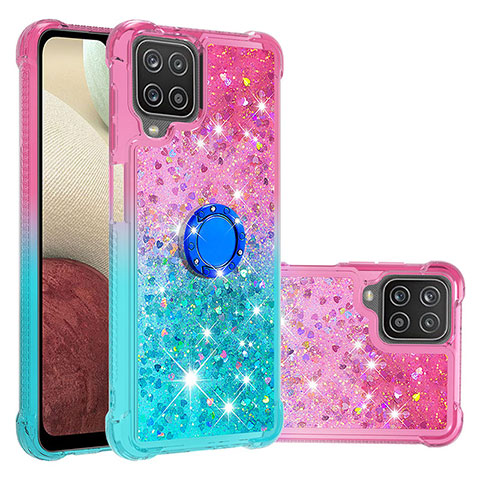 Custodia Silicone Cover Morbida Bling-Bling con Anello Supporto S02 per Samsung Galaxy A12 Rosa