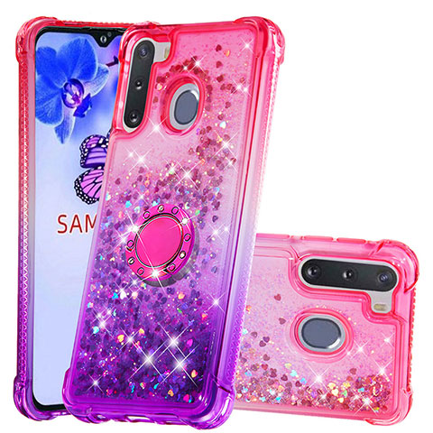 Custodia Silicone Cover Morbida Bling-Bling con Anello Supporto S02 per Samsung Galaxy A21 European Rosa Caldo