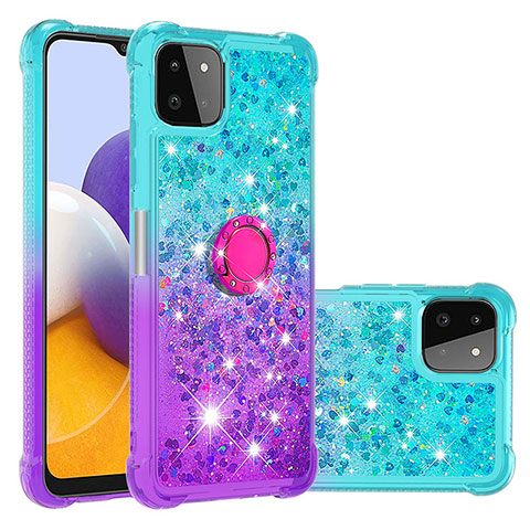 Custodia Silicone Cover Morbida Bling-Bling con Anello Supporto S02 per Samsung Galaxy A22 5G Cielo Blu