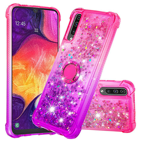 Custodia Silicone Cover Morbida Bling-Bling con Anello Supporto S02 per Samsung Galaxy A30S Rosa Caldo