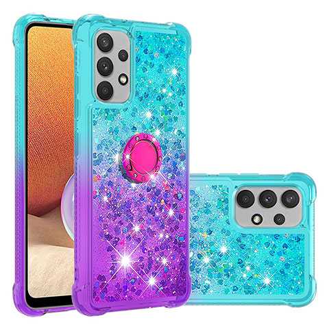 Custodia Silicone Cover Morbida Bling-Bling con Anello Supporto S02 per Samsung Galaxy A32 4G Cielo Blu