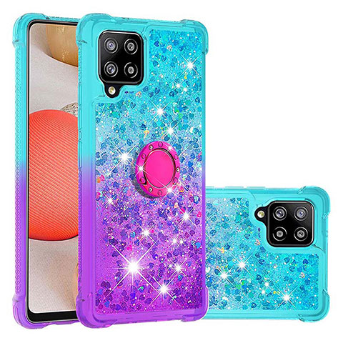 Custodia Silicone Cover Morbida Bling-Bling con Anello Supporto S02 per Samsung Galaxy A42 5G Cielo Blu