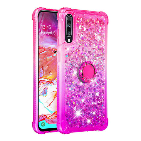 Custodia Silicone Cover Morbida Bling-Bling con Anello Supporto S02 per Samsung Galaxy A70 Rosa Caldo