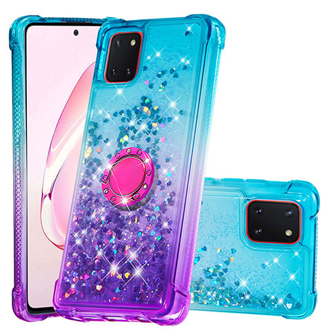 Custodia Silicone Cover Morbida Bling-Bling con Anello Supporto S02 per Samsung Galaxy A81 Cielo Blu