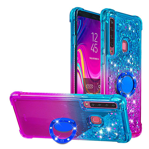 Custodia Silicone Cover Morbida Bling-Bling con Anello Supporto S02 per Samsung Galaxy A9 (2018) A920 Cielo Blu