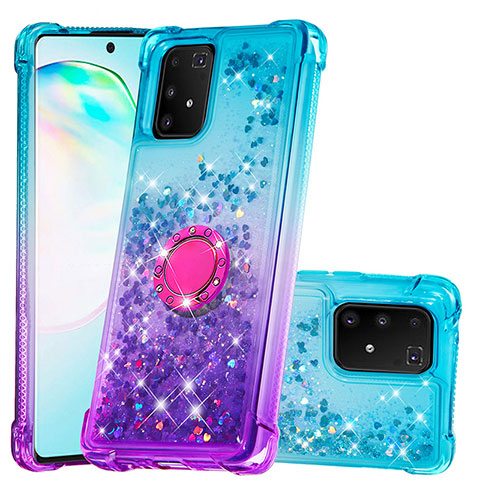 Custodia Silicone Cover Morbida Bling-Bling con Anello Supporto S02 per Samsung Galaxy A91 Cielo Blu