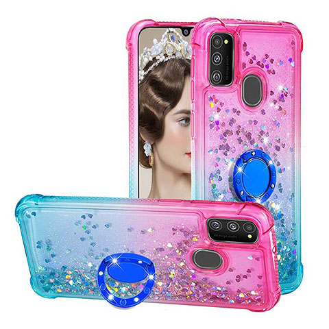 Custodia Silicone Cover Morbida Bling-Bling con Anello Supporto S02 per Samsung Galaxy M21 Rosa