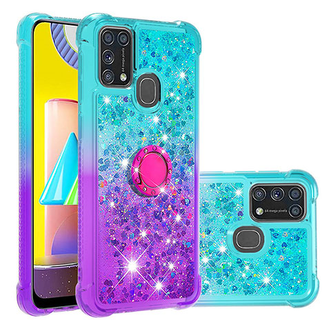 Custodia Silicone Cover Morbida Bling-Bling con Anello Supporto S02 per Samsung Galaxy M31 Prime Edition Cielo Blu