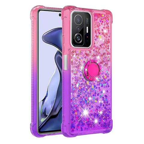 Custodia Silicone Cover Morbida Bling-Bling con Anello Supporto S02 per Xiaomi Mi 11T Pro 5G Rosa Caldo