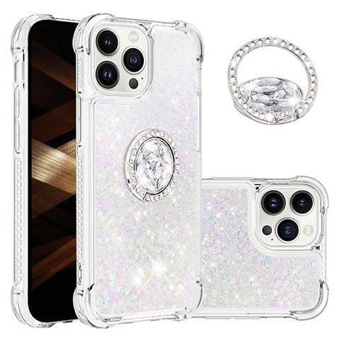 Custodia Silicone Cover Morbida Bling-Bling con Anello Supporto S03 per Apple iPhone 14 Pro Argento