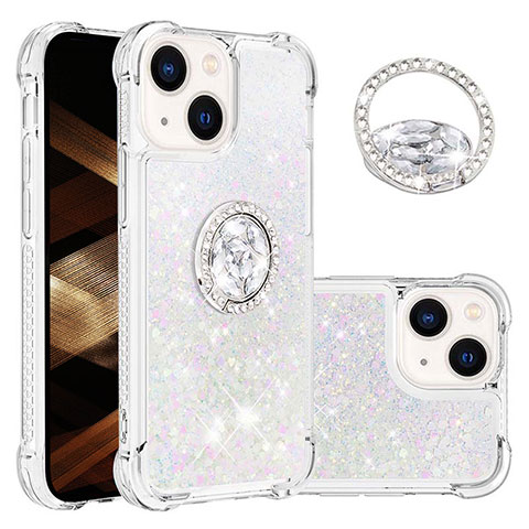 Custodia Silicone Cover Morbida Bling-Bling con Anello Supporto S03 per Apple iPhone 15 Argento