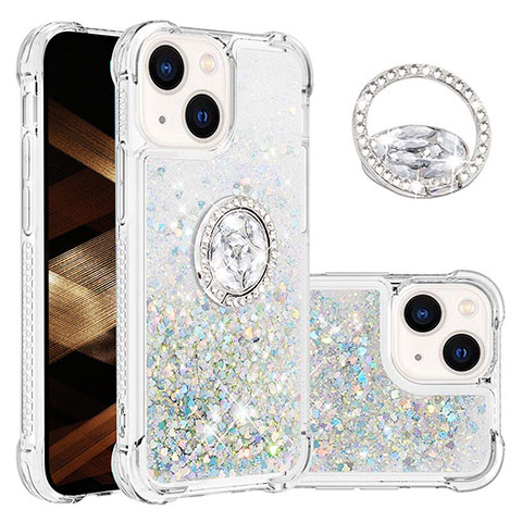 Custodia Silicone Cover Morbida Bling-Bling con Anello Supporto S03 per Apple iPhone 15 Plus Azzurro