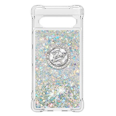 Custodia Silicone Cover Morbida Bling-Bling con Anello Supporto S03 per Google Pixel 7a 5G Argento