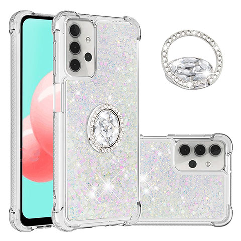 Custodia Silicone Cover Morbida Bling-Bling con Anello Supporto S03 per Samsung Galaxy A32 4G Argento