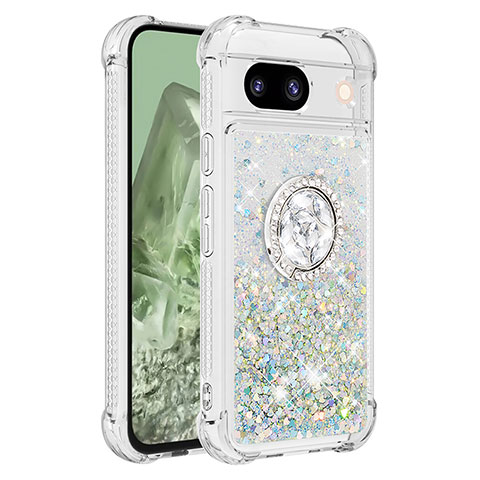 Custodia Silicone Cover Morbida Bling-Bling con Anello Supporto YB1 per Google Pixel 8a 5G Argento