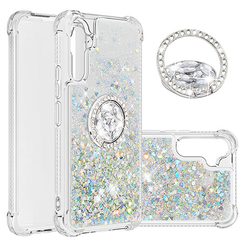 Custodia Silicone Cover Morbida Bling-Bling con Anello Supporto YB1 per Samsung Galaxy A34 5G Azzurro